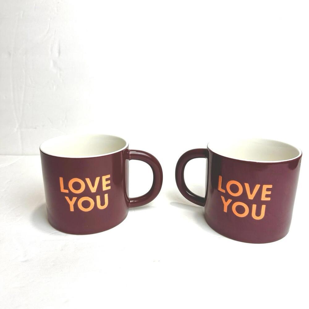 room essentials stoneware mug, “Love You”. Maroon With Orange Letters, Set Of 2 - Picture 5 of 7